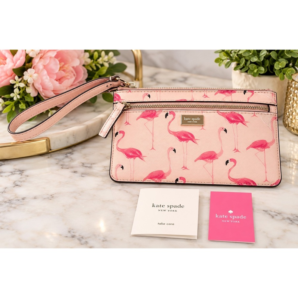Kate Spade New York Pink Flamingo Wristlet Clutch Tropical Preppy Coastal Bag